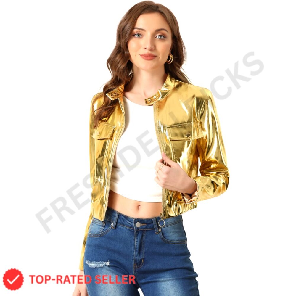 Crop Moto Jacket Zip Up Glitter Holographic Metallic Faux Leather XS